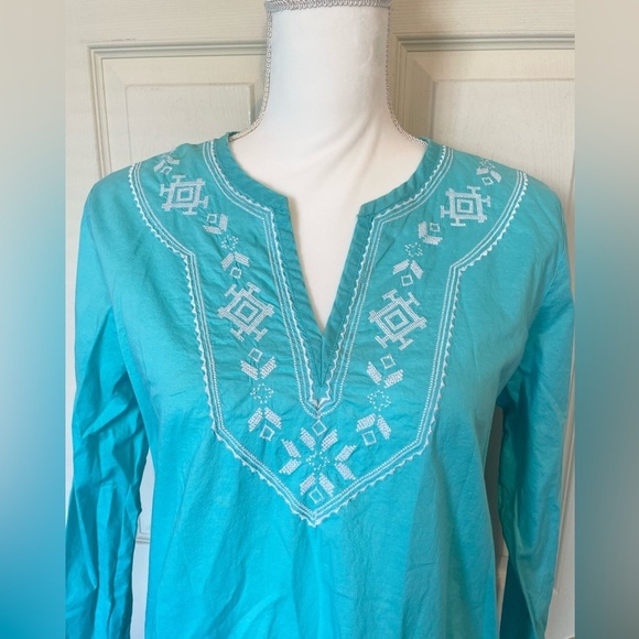 GAP 100% Cotton Embroidered Turquoise V-Neck Long Sleeve Women’s Med. Tunic Top - Picture 9 of 11